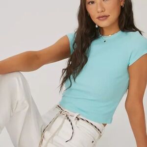 Anthropologie Maeve The Blair Stretch Cotton Ribbed Baby Tee-Small-Turquoise